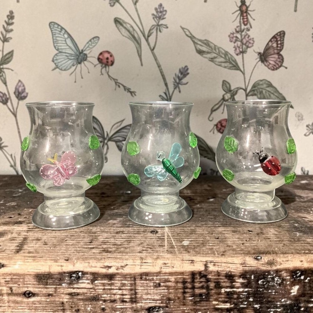 Home Accents Hurricane Lamps, Set of 3 Butterfly Ladybug Dragonfly Design Votive